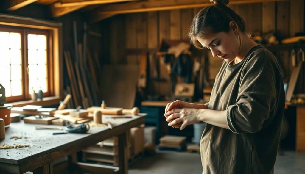 A serene woodworking scene capturing the therapeutic essence of DIY projects. In the foreground, a focused individual in modest casual clothing, gently sanding a small wooden object, their hands showcasing skill and care. In the middle ground, a rustic workbench filled with neatly organized tools, wood shavings, and unfinished projects, adding character to the workspace. The background features warm, natural light filtering through a window, illuminating the wooden beams and creating a cozy atmosphere. The image conveys a sense of mindfulness and relaxation, highlighting the rewarding simplicity of crafting with wood amid a tranquil, inviting workshop setting.