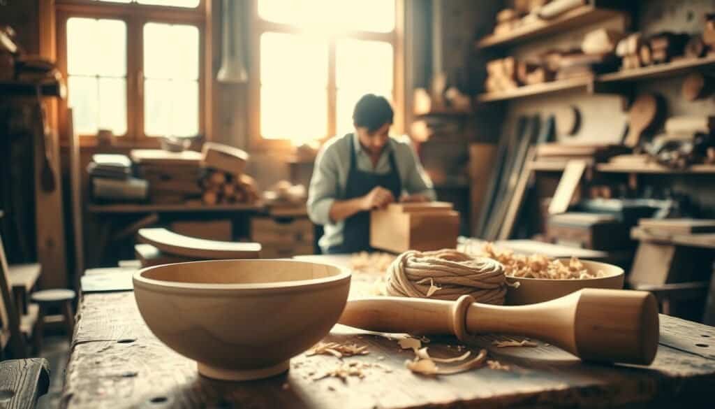 A serene woodworking workshop bathed in soft, warm natural light filtering through large windows. In the foreground, elegantly hand-carved wooden pieces, such as a smooth, unfinished bowl and a finely detailed carving tool, resting on a weathered workbench. In the middle ground, a skilled artisan, dressed in modest casual clothing, focuses intently on shaping a wooden block, surrounded by wood shavings that glisten in the light. The background features shelves stacked with various wood types and tools, enhancing the atmosphere of creativity and craftsmanship. The overall mood is peaceful and contemplative, evoking the calming effects of engaging in woodworking as a creative outlet. Include woody textures, rich earth tones, and soft shadows to enhance the visual warmth.