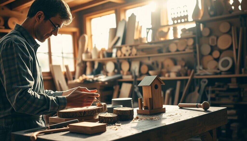 A serene woodworking workshop scene bathed in warm, natural light streaming through large windows. In the foreground, a skilled artisan, dressed in modest casual attire, is focused on a small, handcrafted wooden project, such as a jewelry box or a simple birdhouse. The artisan’s hands, showing gentle concentration, are delicately shaping the wood with traditional tools like a chisel or saw. In the middle ground, a workbench is cluttered with various types of aged wood, tools, and shavings, indicating a creative process in motion. The background features shelves filled with neatly organized wood supplies and inspirational wooden art pieces. The atmosphere is calm and inviting, suggesting a peaceful distraction, with soft shadows enhancing the craftsmanship and the comforting aroma of freshly cut wood.