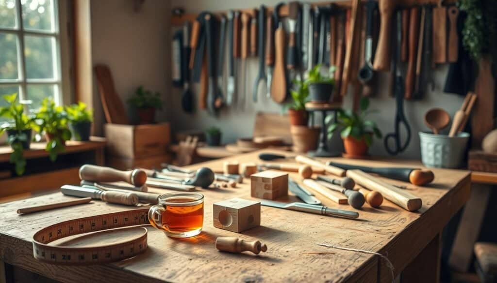 A serene woodworking workspace immersed in natural light, featuring a sturdy wooden workbench covered with an array of hand tools, chisels, and small wooden pieces ready for crafting. In the foreground, a well-used measuring tape and a freshly cut wooden block sit beside a warm cup of tea. The middle ground showcases an organized tool rack with various woodworking tools neatly hung on the wall, surrounded by potted green plants that add a touch of nature. In the background, soft sunlight filters through a window, casting gentle shadows that enhance the peaceful atmosphere. The scene conveys tranquility and creativity, with a focus on craftsmanship, perfect for inspiring anyone looking to engage in woodworking as a calming distraction.