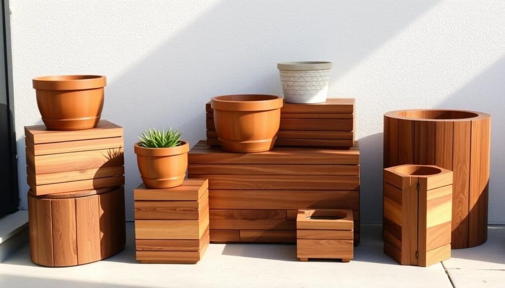 A set of tiered wooden planters, each level meticulously crafted from rich, natural wood grains. The planters are arranged in an elegant, cascading display, their warm tones complemented by soft, diffused lighting that casts gentle shadows. The planters are positioned in a serene, minimalist setting, allowing their rustic charm to be the focal point. The overall composition conveys a sense of harmony and balance, perfect for enhancing the curb appeal of a small outdoor space.