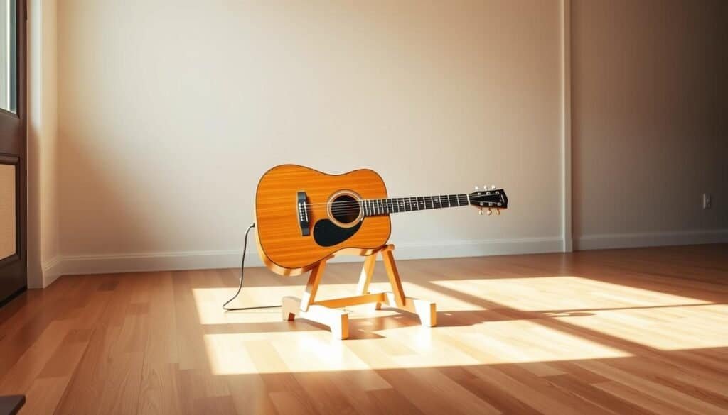 A simple, elegant wooden guitar stand in a well-lit, minimalist home setting. A sturdy, natural-finished wooden frame holds a single acoustic guitar, casting soft shadows on a smooth, polished hardwood floor. Gentle side lighting creates a warm, inviting atmosphere, highlighting the natural grain and texture of the wood. The stand is positioned in a spacious, clutter-free room, allowing the guitar to take center stage as a functional yet stylish home decor piece. Crisp, high-resolution photography captures the craftsmanship and understated beauty of this practical, one-weekend woodworking project.