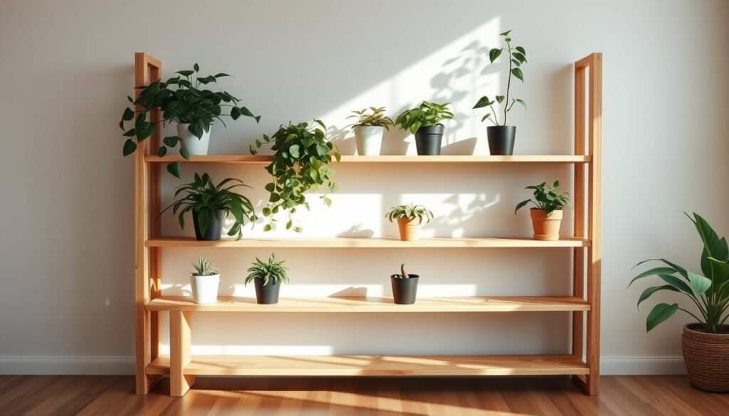 A simple, rustic DIY plant shelf made of natural wood, standing in a bright, sunlit room. The shelf features clean lines and a minimalist design, with evenly spaced shelves to accommodate various potted plants. Soft shadows cast on the wooden surface create depth and dimension. The warm, neutral tones of the wood complement the lush greenery of the plants, creating a harmonious and serene atmosphere. The shelf is positioned against a light-colored wall, allowing the natural textures and organic shapes to take center stage. Captured with a wide-angle lens to showcase the full setup, the image conveys a sense of simplicity, functionality and a connection to nature.