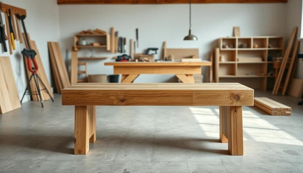 A simple, rustic wooden bench sits in the foreground, the wood grain and natural knots clearly visible. The bench is placed in a well-lit, airy studio setting, with soft, diffused lighting creating gentle shadows and highlights. In the middle ground, various beginner-friendly woodworking tools and materials are neatly arranged, including a hand saw, chisel, sandpaper, and a stack of unfinished wood planks. The background showcases a clean, minimalist workspace, with a wooden workbench and simple shelving units. The overall scene conveys a sense of approachability and the satisfaction of creating a practical, handmade piece of furniture.