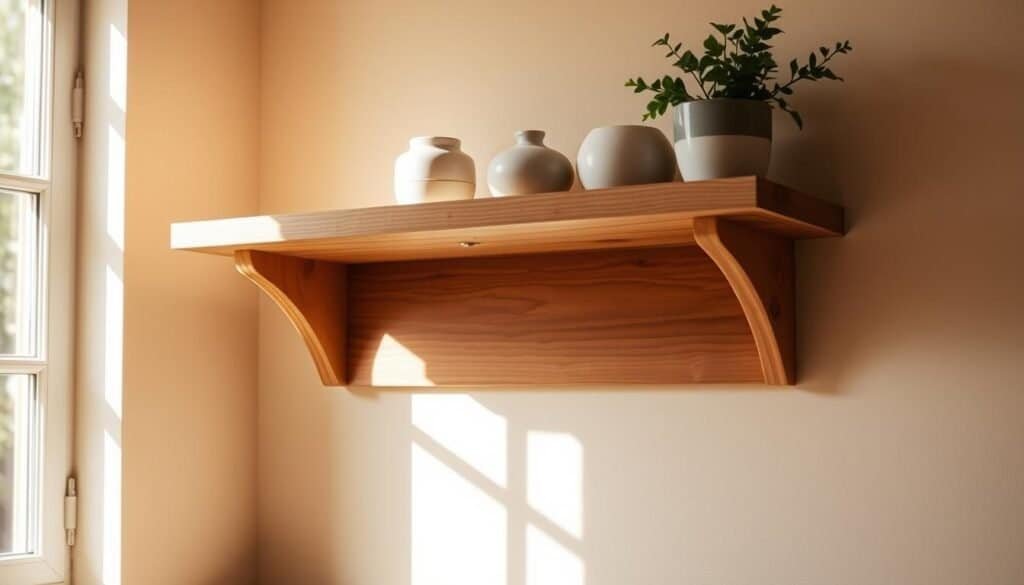 A simple, rustic wooden kitchen shelf, handcrafted with care, stands against a warm, natural backdrop. Sunlight filters through a nearby window, casting a soft glow and gentle shadows across the shelf's clean lines and subtle grain. Carefully placed decorative items, such as a potted plant and a few artisanal ceramic pieces, add a touch of personality, complementing the shelf's minimalist design. The entire scene exudes a sense of tranquility and effortless style, perfectly capturing the essence of a charming DIY home décor project.