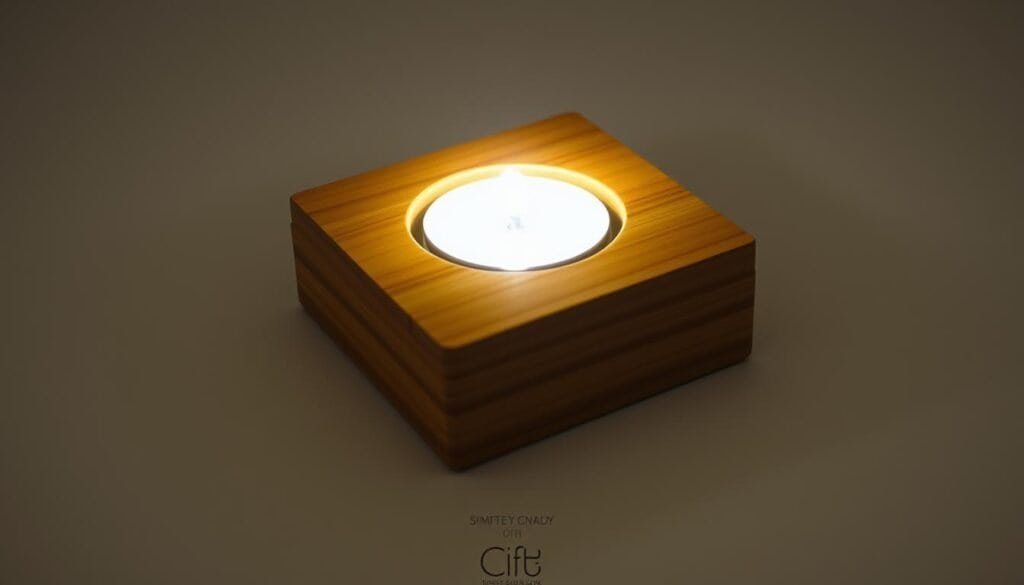 A simple, rustic wooden tea light holder with a minimalist design. A square or rectangular base in warm, natural wood tones, with a raised circular cutout in the center to hold a single tea light candle. The holder is illuminated from within, casting a soft, ambient glow across the surface. The lighting is diffused, creating a cozy and inviting atmosphere. The image is captured from a slightly elevated angle, showcasing the elegant simplicity of the design. The background is a clean, neutral setting, allowing the wooden candle holder to be the focal point.