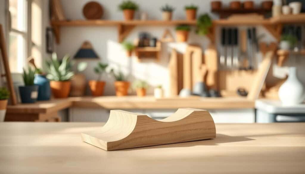 A simple wooden phone stand made from light-colored pine, showcasing a smooth, minimalist design with gentle curves and clean lines. The stand is positioned prominently in the foreground on a light wood countertop, emphasizing its functionality and elegance. Soft, natural light streams in from a nearby window, casting gentle shadows that highlight the wood grain and craftsmanship. In the middle ground, a blurred background reveals a cozy, well-organized workspace with potted plants and tools, creating a warm and inviting atmosphere. The scene conveys a sense of achievement and tranquility, perfect for inspiring creativity and fun in woodworking. The angle captures the stand in a slightly tilted position, suggesting a practical use while maintaining an aesthetically pleasing perspective.