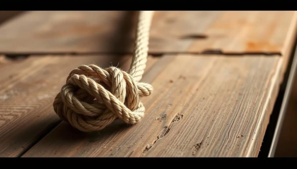 A skillfully tied knot, the focus of "Professional Knotting and Finishing Techniques", takes center stage. Crisp, raking light illuminates the intricate rope work, showcasing the texture and complexity. In the foreground, weathered wooden planks provide a natural, rustic backdrop, while the background is softly blurred, keeping the attention on the detailed knotting. This realistic, high-quality image, captured with a professional lens, embodies the polished craftsmanship highlighted in "The Sawdust Man" article on impressive wood and rope projects.