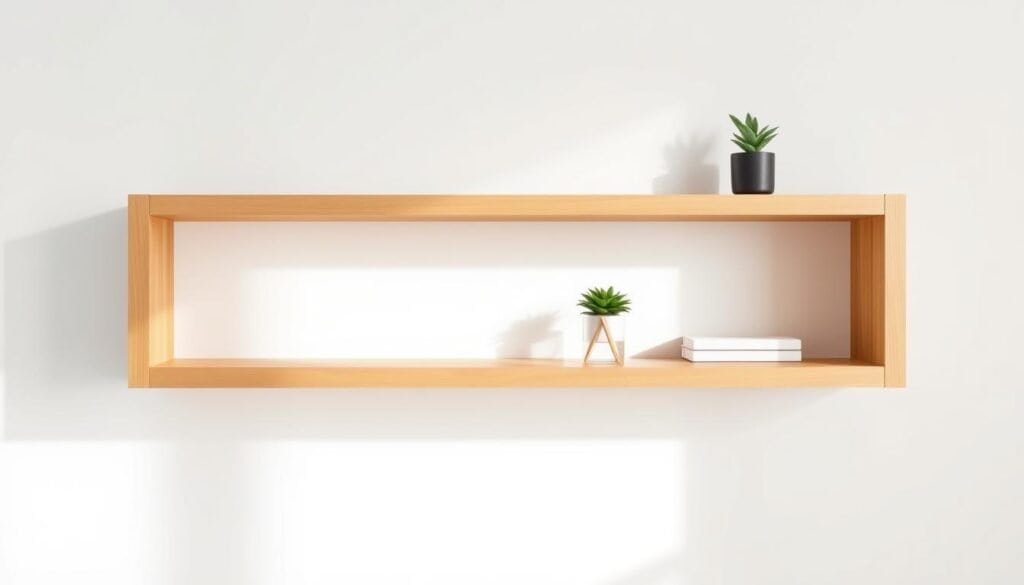 A sleek, minimalist wall shelf crafted from smooth, light-stained oak wood. The shelf's clean lines and elegant silhouette are accentuated by soft, directional lighting that casts gentle shadows, creating a serene, high-end ambiance. Subtle brass hardware adds a touch of refined luxury. The shelf is mounted flush against a crisp, white wall, allowing its simple beauty to take center stage. Styled with a few carefully curated decorative accents, like a small potted plant and a single, artful objet d'art, the shelf epitomizes understated sophistication and effortless organization.