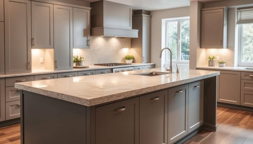 A sleek, modern kitchen island with a stunning stone countertop, illuminated by soft, warm lighting that casts a cozy glow. The stone surface features subtle veining and a smooth, polished finish, complemented by clean-lined cabinetry and hardware in a muted, neutral palette. The island's graceful silhouette anchors the space, inviting you to gather, prepare meals, and connect with loved ones. The scene exudes a sense of refined elegance and tranquility, capturing the heart of a welcoming, well-designed kitchen.