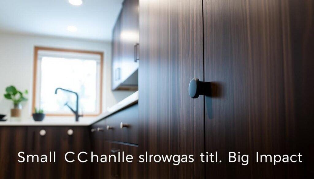A sleek, modern kitchen with matte black cabinet hardware in a warm, cozy atmosphere. The hardware stands out against the rich, dark wood grain, creating a sophisticated and stylish contrast. Subtle overhead lighting casts a soft glow, highlighting the clean lines and attention to detail. The hardware is precisely fitted, with a brushed metal finish that complements the minimalist design. The scene exudes a sense of effortless elegance, perfectly capturing the "Small Changes with Big Impact" theme.