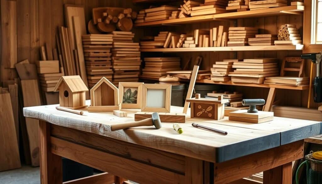 A small, cozy workshop filled with natural wooden projects for beginners. On a sturdy wooden workbench, intricate handcrafted items are displayed, including a simple birdhouse, a rustic picture frame, and a charming plant holder. Warm light filters through the window, casting a soft glow over the scene. The tools of the trade - a saw, a hammer, and a sanding block - are neatly arranged, hinting at the satisfying process of creating these beautiful, practical pieces. In the background, shelves hold an assortment of wooden blocks, planks, and other materials, waiting to be transformed by the skilled hands of "The Sawdust Man". A small, cozy workshop filled with natural wooden projects for beginners. On a sturdy wooden workbench, intricate handcrafted items are displayed, including a simple birdhouse, a rustic picture frame, and a charming plant holder. Warm light filters through the window, casting a soft glow over the scene. The tools of the trade - a saw, a hammer, and a sanding block - are neatly arranged, hinting at the satisfying process of creating these beautiful, practical pieces. In the background, shelves hold an assortment of wooden blocks, planks, and other materials, waiting to be transformed by the skilled hands of "The Sawdust Man".