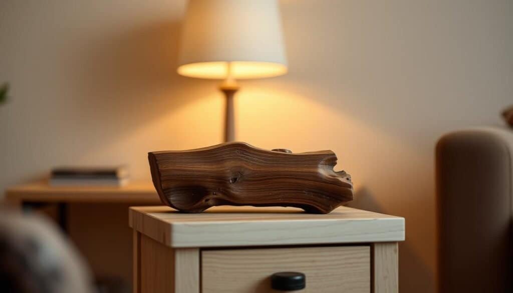 A small, rustic wooden accent piece, crafted with care, sits atop a simple, natural-toned end table. Warm, directional lighting casts a gentle glow, highlighting the delicate grain and smooth texture of the wood. The piece is positioned in the foreground, drawing the viewer's attention, while the background features a minimalist, muted interior, allowing the craftsmanship to take center stage. The overall atmosphere is one of cozy, inviting simplicity, evoking a sense of tranquility and personal accomplishment.