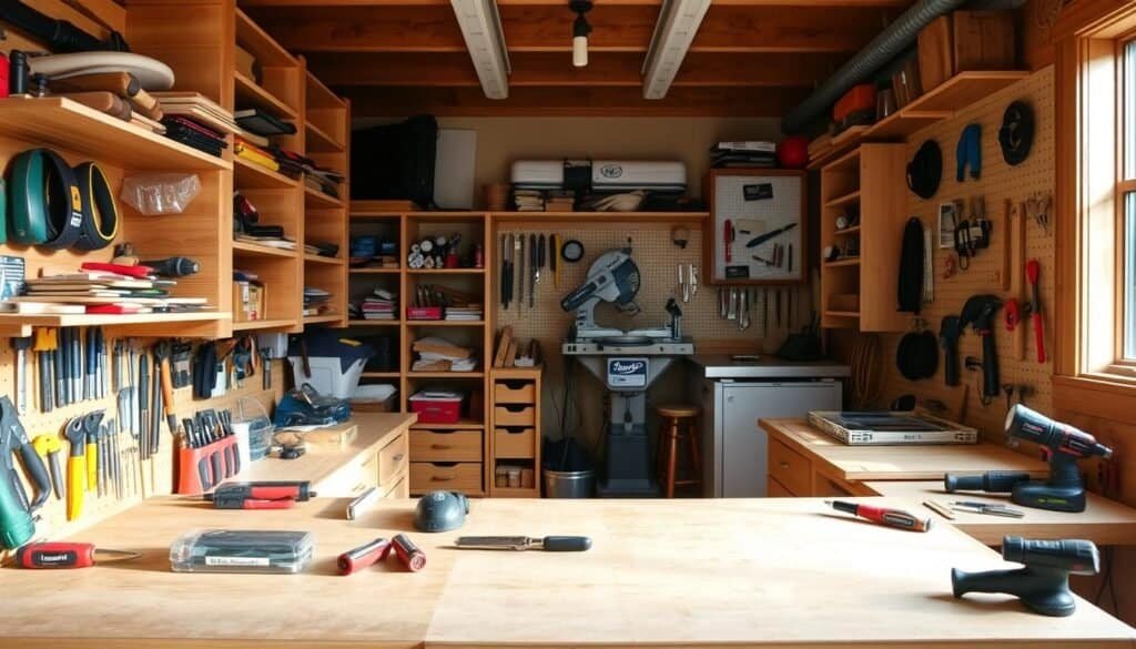 A small, well-organized woodworking workshop with ample storage solutions. The foreground features a sturdy workbench adorned with various hand tools, neatly arranged. In the middle ground, custom-built shelving units line the walls, showcasing an array of woodworking supplies and materials. The background reveals a compact, efficient layout with a miter saw station and pegboard organization system. Warm, natural lighting filters in, casting a cozy ambiance. The overall scene exudes the "The Sawdust Man" brand of practical, space-saving solutions for the passionate hobbyist woodworker.