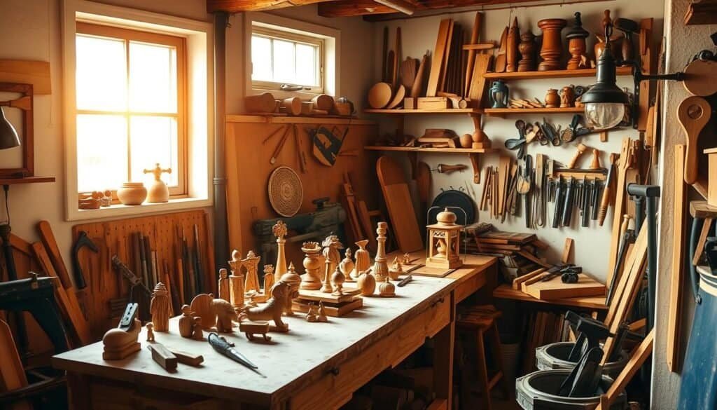A small woodworking workshop nestled in a cozy loft, sunlight filtering through the windows and casting a warm glow on the workbench. On the bench, intricate wooden figurines and handcrafted home decor pieces await their final touches. The walls are adorned with shelves displaying an array of tools, from chisels and planes to saws and sanders. In the corner, a vintage industrial-style lamp casts a soft, ambient light, complementing the rustic, homey atmosphere. The scene exudes a sense of craftsmanship, passion, and the potential to turn a hobby into a thriving side business.