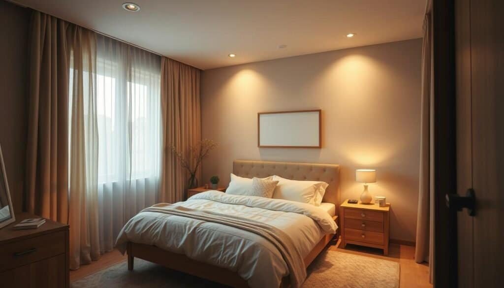 A softly lit bedroom with warm amber hues, diffused through sheer curtains that filter the natural light. The room is adorned with natural wood furniture, plush textiles, and minimal decorative accents. The lighting is gentle, with a mix of table lamps and recessed ceiling fixtures, creating a cozy, intimate ambiance. The camera angle is from the side, capturing the tranquil scene in a three-quarter view. The overall atmosphere is serene, calming, and inviting, evoking a sense of rest and relaxation.