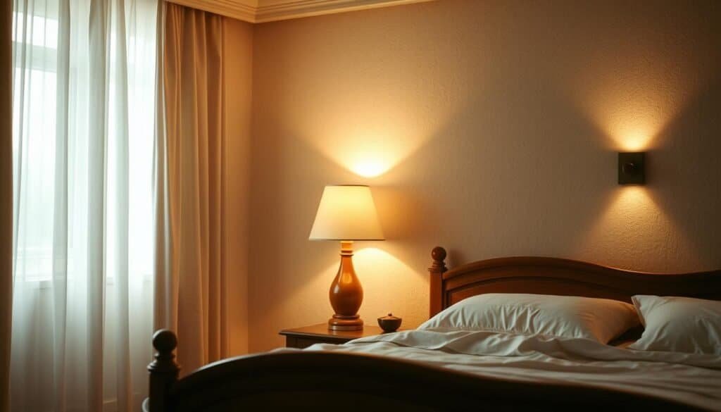 A softly lit bedroom with warm, diffused illumination. Natural light filters through sheer curtains, casting gentle shadows across the wooden furniture and textured walls. The central focus is a well-crafted bedside lamp, its soft glow creating a cozy, inviting ambiance. In the background, the room's architecture features rounded corners and subtle curves, softening the overall aesthetic. Careful placement of secondary light sources, such as wall sconces, contributes to the tranquil, harmonious atmosphere. The entire scene conveys a sense of relaxation and comfort, perfectly suited for the "Room Feeling Too Sharp? Let's Add Some Gentle Textures" article.