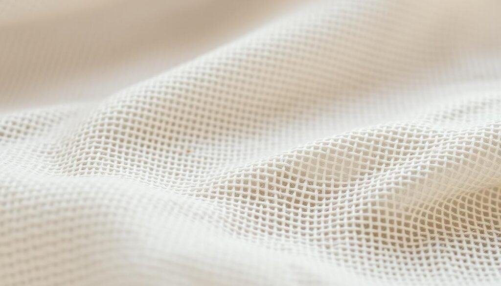 A softly lit, close-up photograph of a delicate, woven fabric texture with a soothing, natural color palette. The weave should be tight and intricate, with subtle variations in the threads creating a visually interesting surface. The lighting should be diffused and gentle, casting soft shadows that highlight the depth and dimensionality of the textile. The composition should fill the frame, drawing the viewer's attention to the calming, tactile quality of the material. Avoid any distracting elements or hard edges, instead aiming for a serene, zen-like atmosphere that invites the viewer to reach out and touch the luxurious fabric.