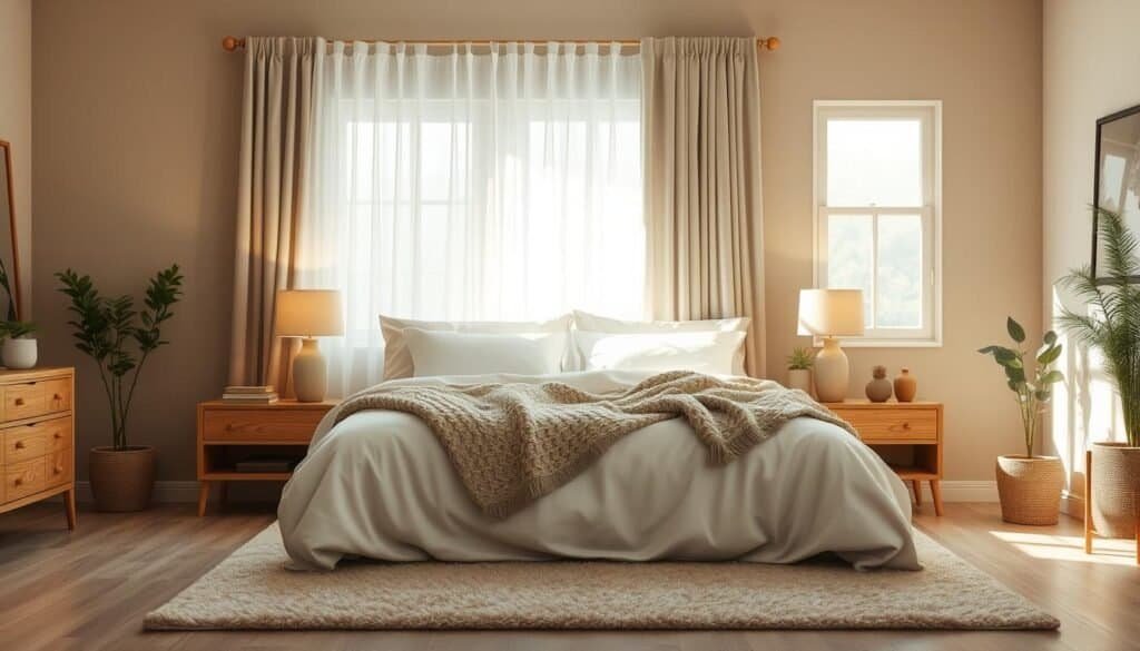 A soothing, cozy bedroom scene bathed in soft, muted tones. A large, plush bed with crisp white linens and a chunky knit throw blanket nestled in the center. Neutral-colored curtains gently billow in an unseen breeze, filtering in natural light. On the nightstands, a pair of subtle table lamps with beige shades cast a warm glow. The walls are painted in a tranquil, earthy tone, complemented by minimal, natural-wood furnishings. Potted plants and a plush, neutral-colored area rug complete the serene, inviting atmosphere. Realistic, high-quality, detailed home interior photography. No text or logos.