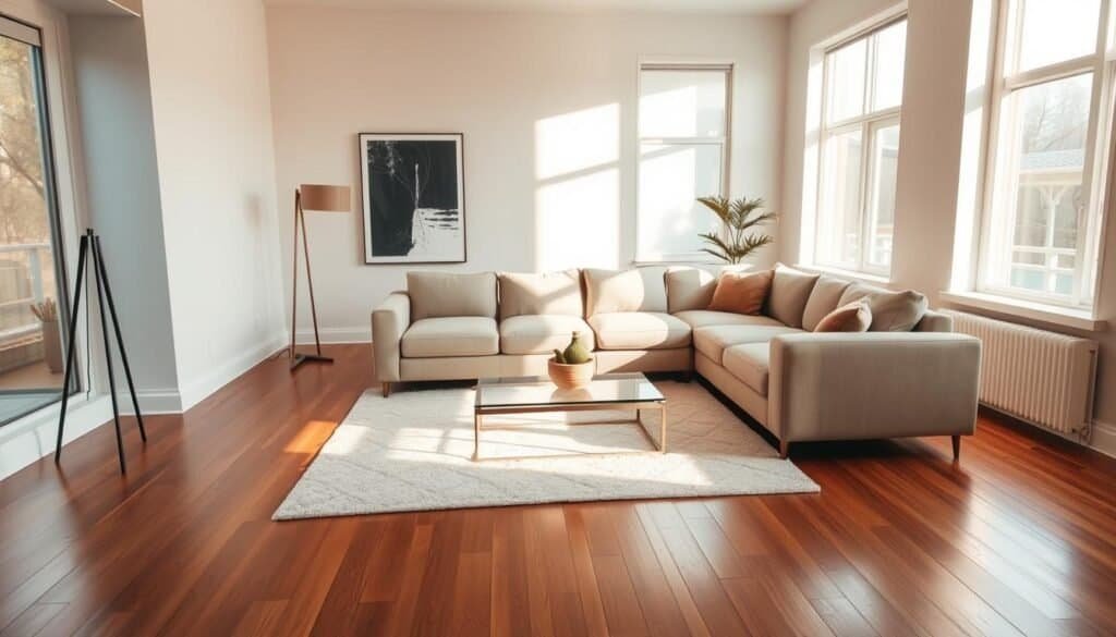 A spacious and inviting modern living room with a minimalist design and an abundance of natural light. The room features a plush, L-shaped sofa in a neutral tone, complemented by a low, sleek coffee table with a glass top. Strategically placed accent pieces, such as a statement floor lamp and a modern art piece, add visual interest. The room is bathed in warm, diffused lighting from large windows, creating a serene and relaxing atmosphere. The hardwood floors are complemented by a cozy area rug that ties the space together. This living room design exudes a sense of calm and effortless sophistication, inviting the viewer to imagine themselves in this tranquil, rejuvenating environment.