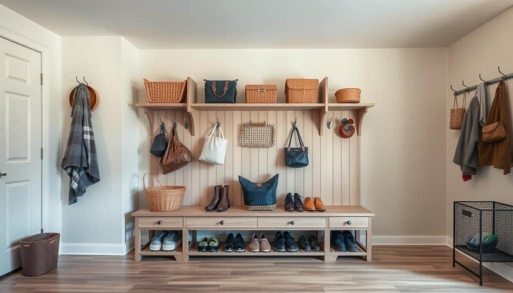 A spacious and organized entryway with a combination of wooden and metal storage solutions. A neutral-toned bench with open shelving above, providing ample space for storing shoes, bags, and other daily essentials. Decorative baskets and hooks on the walls add visual interest and functionality. The entryway is illuminated by a warm, soft light, creating a welcoming and calming atmosphere. The scene captures the perfect balance of form and function, showcasing a practical and visually appealing solution for managing the chaos of an entryway.