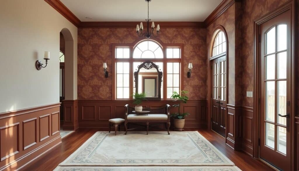 A spacious entryway with bland, beige walls is transformed into a grand, inviting space. Elegant wainscoting in a rich, chestnut hue frames the lower walls, complemented by a vibrant, earthy-toned wallpaper that adds depth and visual interest to the upper half. Soft, natural light filters in through large, airy windows, casting a warm glow and highlighting the intricate woodwork. Ornate sconces flank a central mirror, reflecting the transformed space and creating a sense of depth and grandeur. Plush area rugs in complementary tones ground the room, while carefully curated decor elements, such as a vintage-inspired bench and potted greenery, add the finishing touches to this stunning entryway transformation.