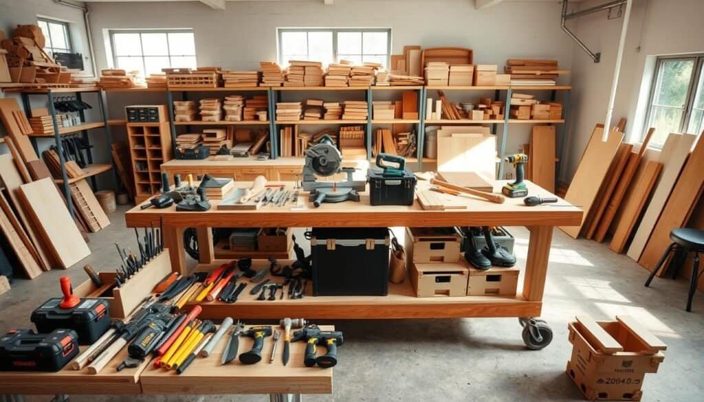 A spacious mobile workbench situated in a well-lit, modern workshop. The sturdy wooden surface is adorned with various tools and materials, creating a visually interesting and organized layout. In the foreground, a selection of hand tools, such as chisels, hammers, and saws, are neatly arranged. The middle ground features a miter saw, cordless power tools, and a tool chest, all positioned for easy access. The background showcases floor-to-ceiling shelving units filled with an array of woodworking supplies and materials. Natural light streams in from large windows, casting a warm, inviting glow throughout the space. The overall atmosphere conveys a sense of productivity and efficiency, perfectly suited for a mobile workshop station.