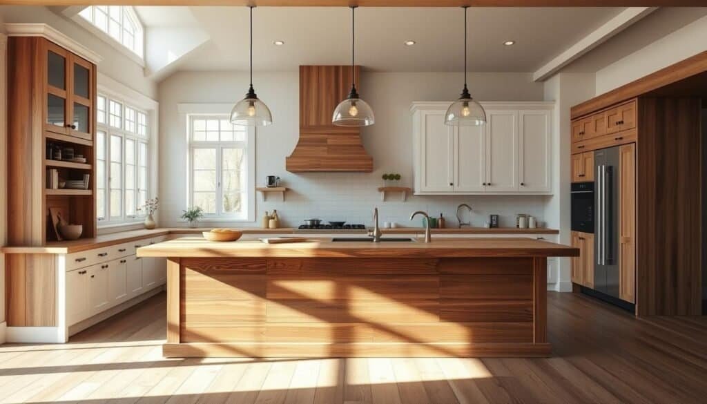 A spacious, modern farmhouse-inspired kitchen island, crafted from rustic reclaimed wood, anchors a bright, airy cooking space. Soft, warm lighting filters through large windows, casting a cozy glow on the natural wood tones and crisp white cabinetry. Intricate wood grains and distressed detailing add character, while a generously sized butcher block countertop provides ample workspace. Thoughtfully placed pendant lights hang above, illuminating the island's clean lines and subtle farmhouse charm. The scene exudes an inviting, homely ambiance, inspiring culinary creativity and joyful meal preparation. A spacious, modern farmhouse-inspired kitchen island, crafted from rustic reclaimed wood, anchors a bright, airy cooking space. Soft, warm lighting filters through large windows, casting a cozy glow on the natural wood tones and crisp white cabinetry. Intricate wood grains and distressed detailing add character, while a generously sized butcher block countertop provides ample workspace. Thoughtfully placed pendant lights hang above, illuminating the island's clean lines and subtle farmhouse charm. The scene exudes an inviting, homely ambiance, inspiring culinary creativity and joyful meal preparation.
