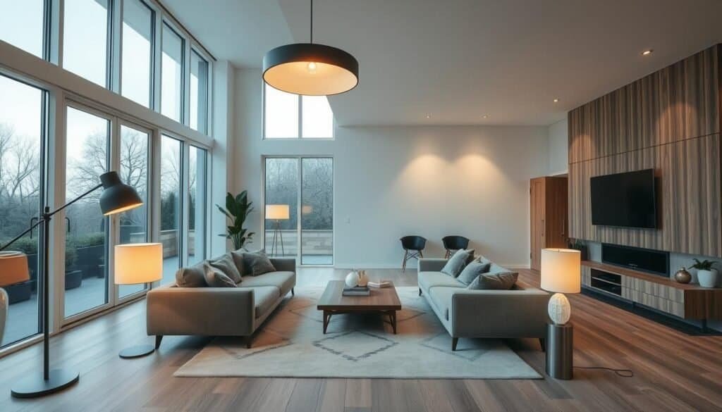 A spacious, modern living room with a warm, inviting ambiance. The room is filled with natural light from large windows, complemented by strategically placed floor lamps and pendant lights that cast a soft, diffused glow. The lighting fixtures feature sleek, minimalist designs that blend seamlessly with the contemporary decor, including a plush sectional sofa, a wooden coffee table, and a wall-mounted entertainment system. The room's palette incorporates muted tones of gray, beige, and wood accents, creating a cohesive and visually harmonious space. The overall atmosphere conveys a sense of comfort and relaxation, perfect for a refreshed living room experience.