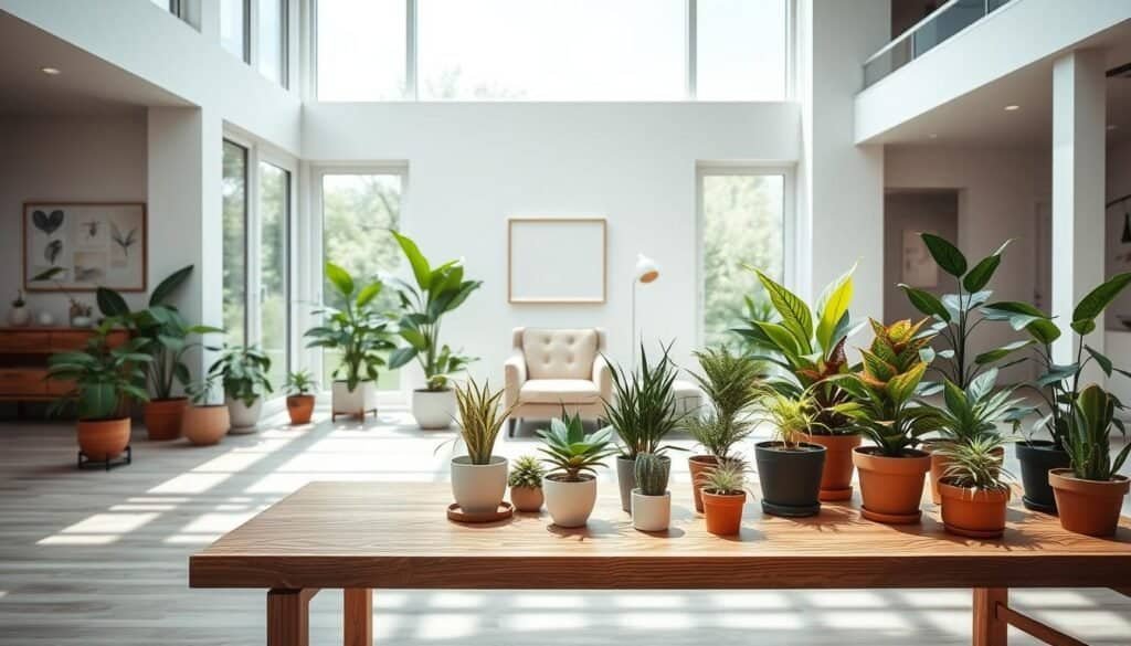 A spacious, sun-filled room with large windows, showcasing an array of thriving potted plants strategically placed to accentuate the natural light and architectural features. A wooden table in the foreground displays various plant varieties, their lush foliage and vibrant colors complementing the neutral tones of the room. In the middle ground, a comfortable armchair and a side table create a cozy seating area, inviting the viewer to imagine themselves enjoying the peaceful ambiance. The background features minimalist wall décor and a glimpse of an adjoining space, reinforcing the idea of a well-planned, harmonious home environment. The overall scene conveys a sense of tranquility and a celebration of nature's beauty within the confines of a modern, refined interior.