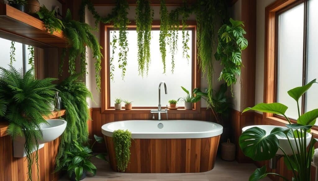 A spacious, well-lit bathroom with moist, verdant foliage cascading from wooden shelves. Lush ferns, trailing philodendrons, and broad-leafed monstera plants thrive in the humid air, their vibrant hues complementing the warm, natural tones of the rustic décor. Soft, diffused lighting filters through the frosted windows, creating a soothing, spa-like ambiance. The scene evokes a tranquil oasis, inviting relaxation and rejuvenation.