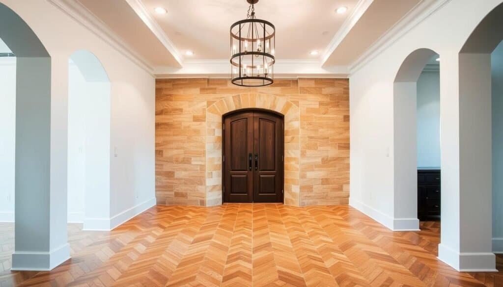 A spacious, well-lit foyer with a striking tile pattern. The tiles are a mix of warm beige and rich brown tones, arranged in a herringbone or geometric layout that draws the eye inward. The lighting is a combination of recessed ceiling fixtures and a statement pendant or chandelier, casting a soft, inviting glow. The tile is flanked by clean white walls, providing a simple yet elegant backdrop. The overall mood is one of refined sophistication, hinting at the design sensibilities that might be found throughout the rest of the home.
