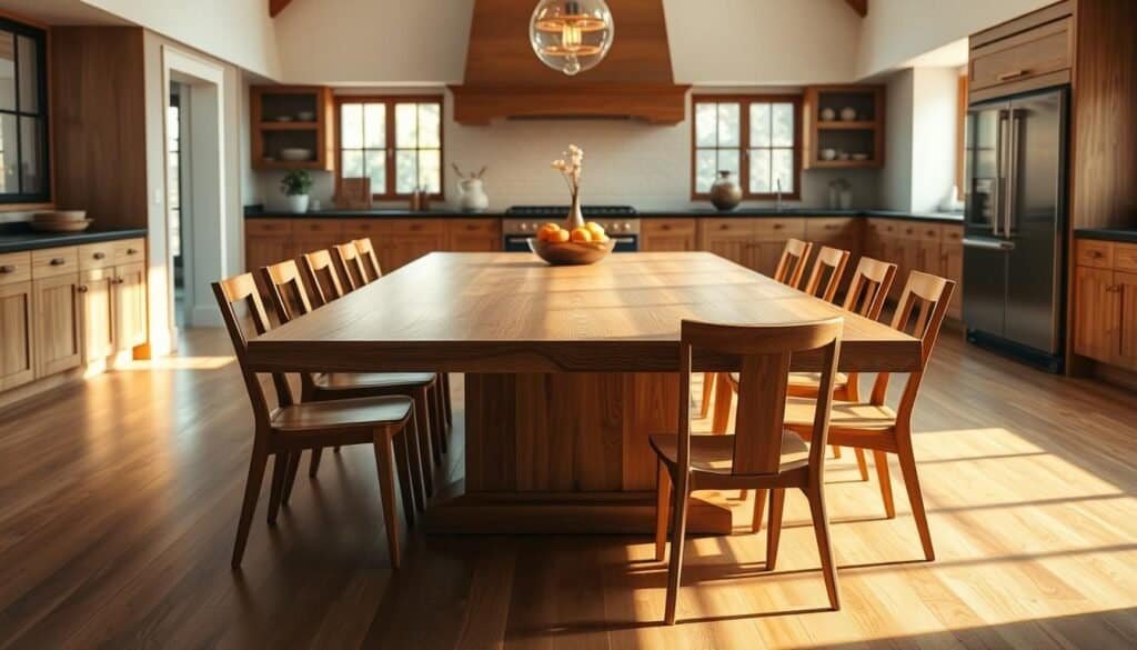 A spacious, well-lit kitchen with a large, rectangular wooden dining table at the center. The table's sleek, minimalist design features a smooth, natural wood grain finish that reflects the warm, diffused lighting from overhead. Surrounding the table are several matching wooden chairs, each with a simple yet elegant backrest and sturdy legs. In the background, a large window allows natural light to flood the space, casting a soft, golden glow on the scene. The overall atmosphere is one of refined sophistication and rustic charm, creating a inviting and serene setting for a cozy kitchen gathering.
