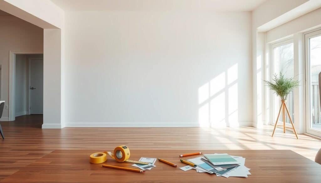 A spacious, well-lit room with natural sunlight streaming through large windows. A blank, unadorned wall in the foreground, inviting consideration for a DIY home project. Wooden floors and minimalist furnishings create a clean, modern atmosphere. Carefully placed tape measures, pencils, and swatches of paint samples litter a nearby table, hinting at the planning and preparation underway. The room's serene ambiance suggests a homeowner thoughtfully assessing the potential of this blank canvas, envisioning the possibilities for a personalized, creative DIY wall transformation.