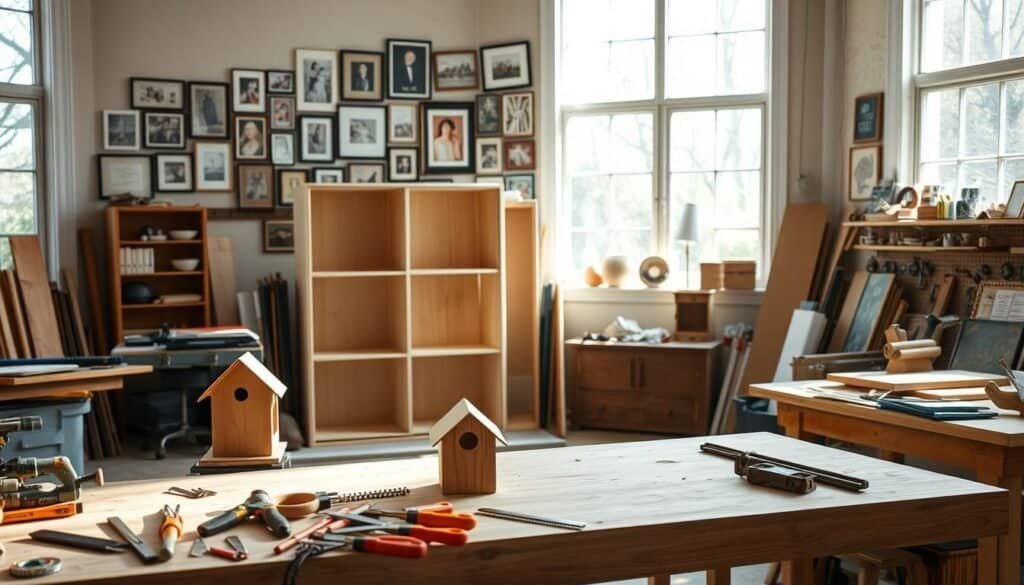 A spacious workshop with natural light streaming through large windows, showcasing an array of DIY projects in various stages of completion. In the foreground, a woodworking bench with a collection of hand tools, saw blades, and a half-finished birdhouse. The middle ground features a partially assembled shelving unit, its pieces laid out with careful precision. In the background, a gallery wall displays a variety of framed artwork and photographs, hinting at the homeowner's creative aspirations. The overall atmosphere is one of focused concentration, problem-solving, and the satisfaction of hands-on creation.