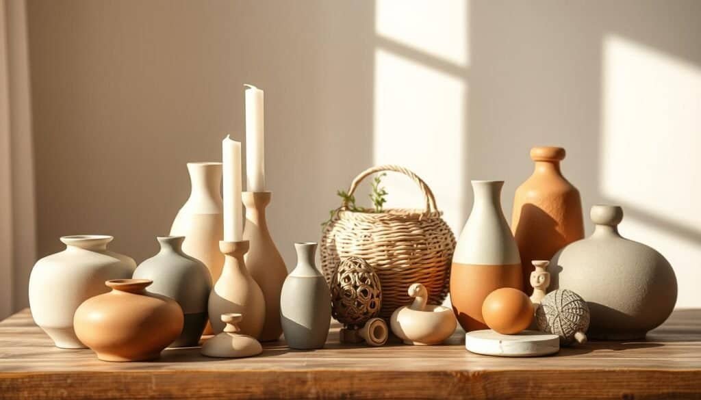 A still life arrangement of carefully curated decorative objects, elegantly positioned on a wooden surface. In the foreground, a cluster of vases, candle holders, and sculptural ceramic pieces in muted tones of beige, gray, and terracotta. The middle ground features a woven basket, a small potted plant, and a few ornamental objects with intricate textures and patterns. The background is softly blurred, creating a sense of depth and focus on the delicate arrangements. The lighting is warm and natural, casting subtle shadows and highlights that accentuate the tactile qualities of the materials. The overall mood is one of understated sophistication and a touch of Scandinavian minimalism, inspiring a sense of calmness and thoughtful consideration of the small, but impactful details that can transform a space.