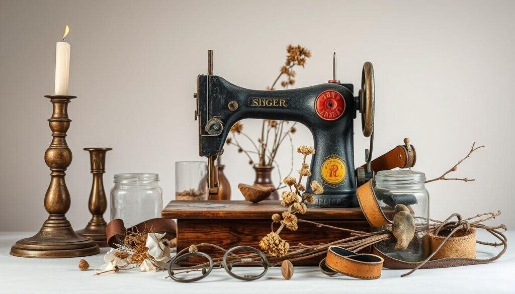 A still life arrangement of upcycled and repurposed everyday objects, meticulously curated to form a cohesive and visually captivating display. In the foreground, a vintage sewing machine, its worn metal and wooden elements evoking a sense of history and craftsmanship. Surrounding it, an array of found objects - a tarnished brass candlestick, a weathered glass jar, a worn leather belt - each item carefully selected and thoughtfully placed to create a harmonious composition. The middle ground features a mix of natural elements, such as dried flowers and twigs, adding a touch of organic texture and warmth. In the background, a neutral, softly-lit environment emphasizes the beauty of the repurposed treasures, allowing them to take center stage. The overall mood is one of quiet contemplation, inviting the viewer to appreciate the inherent artistry and charm of these upcycled décor pieces.