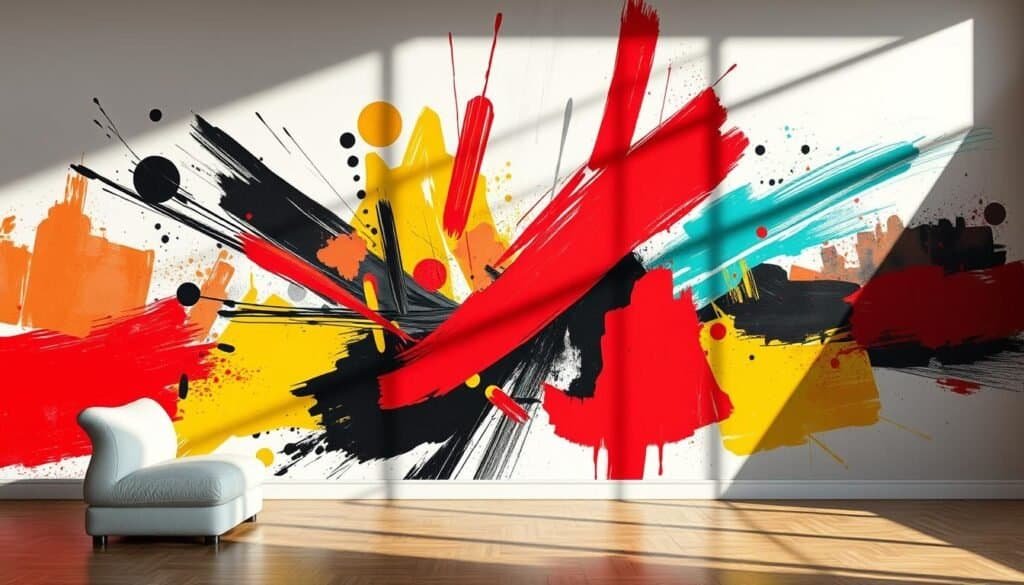 A striking abstract wall mural, featuring bold strokes and vibrant hues. The composition combines geometric shapes and organic patterns, creating a visually captivating focal point. Dramatic lighting casts dramatic shadows, adding depth and dimension to the piece. The artwork is presented in a minimalist, modern interior setting, allowing it to take center stage and command attention. The overall atmosphere evokes a sense of dynamism and artistic expression, perfect for elevating the ambiance of any living space.