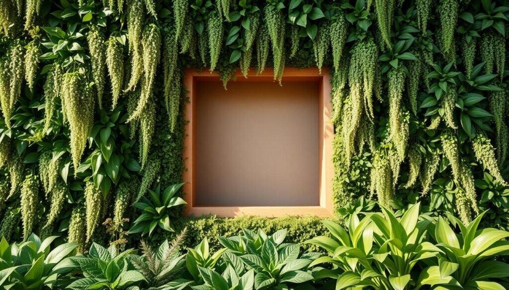 A stunning living wall design, showcasing a lush, verdant array of cascading foliage. The foreground features a mix of vibrant, textured plants, their leaves gently swaying in the soft, natural light. The middle ground presents a sleek, wooden frame that seamlessly integrates the botanical elements, creating a harmonious fusion of nature and modern design. In the background, a warm, earthy tone sets the scene, highlighting the organic beauty of the living wall. The overall composition exudes a sense of tranquility and natural elegance, inviting the viewer to immerse themselves in this botanical masterpiece.