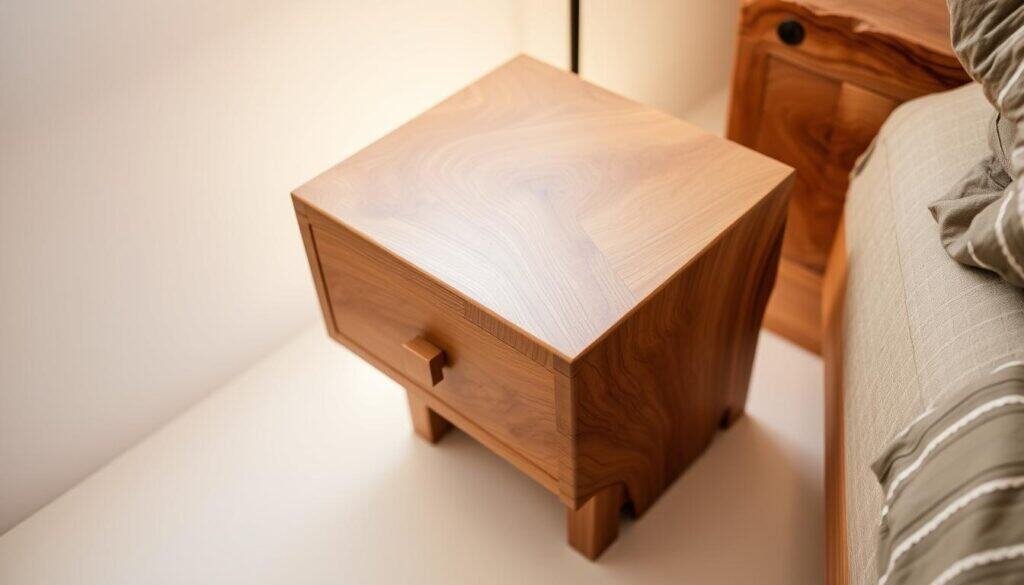 A stunning natural wood nightstand from The Sawdust Man, crafted with meticulous attention to detail. A warm, earthy tone emanates from the smooth, untreated surface, exuding a rustic elegance. Intricate wood grain patterns dance across the surface, highlighting the inherent beauty of the material. Soft, diffused lighting casts a gentle glow, accentuating the nightstand's organic silhouette and creating a cozy, inviting atmosphere. Expertly positioned to showcase its natural charm, this piece seamlessly blends with the surrounding decor, elevating the overall design and charm of the space.