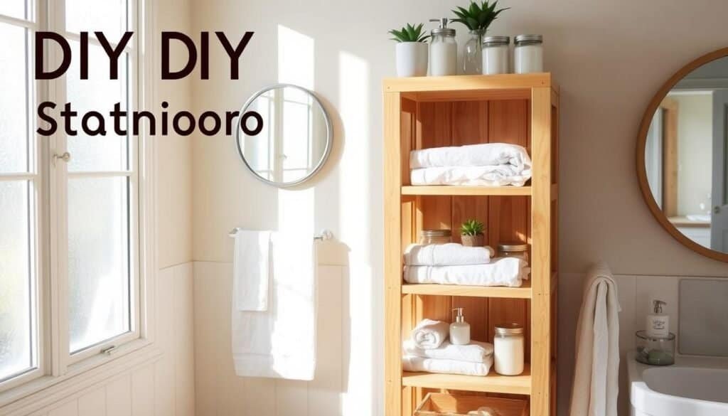 A stylish DIY bathroom storage tower made from natural, light-colored wood, featuring multiple open shelves for organization. The tower is positioned in a cozy, well-lit bathroom setting, showcasing neatly arranged towels, jars of toiletries, and decorative plants on the shelves. In the foreground, soft daylight filters through a frosted window, casting a warm glow over the scene. The middle of the image highlights the tower's craftsmanship, with visible wood grain and detailed joinery. The background includes subtle hints of bathroom décor, such as a complementary mirror and soothing pastel-colored walls, enhancing the serene atmosphere. The entire setting evokes a sense of simplicity and creativity, perfect for inspiring quick DIY projects.