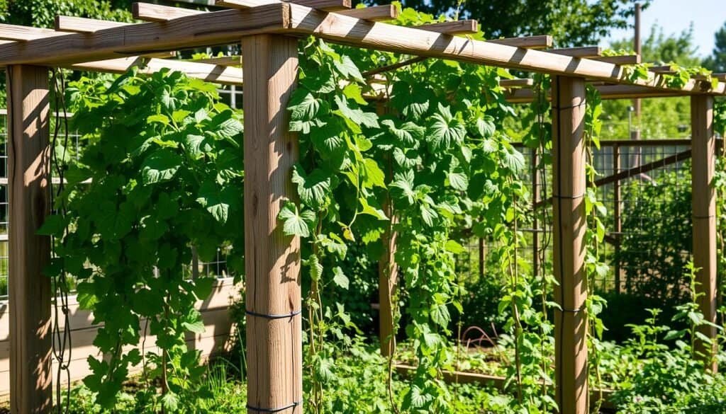 A sun-dappled edible garden with a rustic wooden trellis frame, supporting lush vines of climbing vegetables and herbs. The trellis features a simple yet functional design, crafted from weathered planks and posts, blending harmoniously with the natural surroundings. Soft shadows play across the textured wood, and the verdant foliage cascades gracefully, creating a visually striking and productive landscape. The scene evokes a sense of tranquility and self-sufficiency, inviting the viewer to imagine the bountiful harvest and the joys of cultivating an edible oasis. A sun-dappled edible garden with a rustic wooden trellis frame, supporting lush vines of climbing vegetables and herbs. The trellis features a simple yet functional design, crafted from weathered planks and posts, blending harmoniously with the natural surroundings. Soft shadows play across the textured wood, and the verdant foliage cascades gracefully, creating a visually striking and productive landscape. The scene evokes a sense of tranquility and self-sufficiency, inviting the viewer to imagine the bountiful harvest and the joys of cultivating an edible oasis.