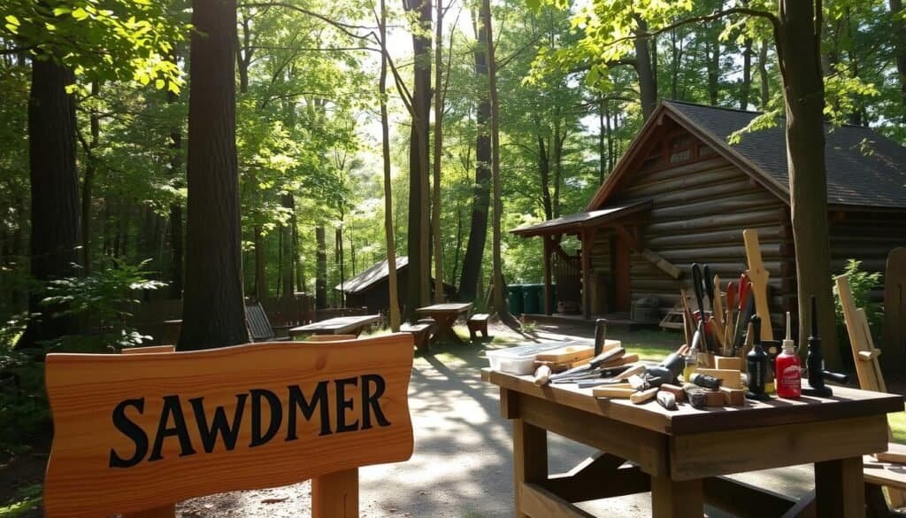 A sun-dappled forest glade, where "The Sawdust Man" showcases an array of handcrafted summer wood projects. Smooth-sanded planks, oiled and polished, transform into rustic benches, birdhouses, and plant stands. Dappled light filters through lush foliage, casting gentle shadows. In the foreground, a hand-carved wooden sign welcomes visitors. Nearby, a workbench displays an assortment of hand tools - chisels, saws, and sanders. In the background, a log cabin nestles amidst the trees, its weathered exterior hinting at the warm, cozy ambiance within. The scene exudes a sense of natural harmony, inviting viewers to imagine themselves surrounded by the simple pleasures of summer woodworking.
