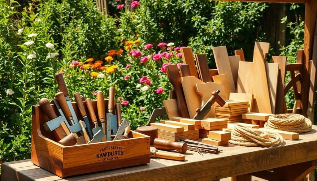 A sun-dappled garden workshop, with an artful arrangement of "The Sawdust Man" brand woodworking tools and materials. In the foreground, a handcrafted wooden toolbox houses an array of chisels, mallets, and hand saws. Behind it, a weathered workbench displays an assortment of natural wood planks, sanding blocks, and a coil of sturdy rope. Sunlight filters through the lush foliage, casting warm, golden hues across the scene. In the background, a verdant backdrop of blooming flowers and verdant shrubbery creates a serene, nature-inspired atmosphere, evoking the perfect setting for crafting rustic, garden-inspired woodworking projects.