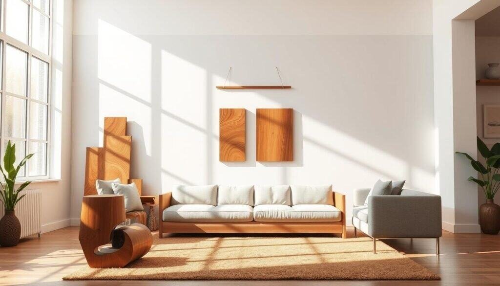 A sun-dappled living room with clean-lined wooden wall art strategically arranged in a harmonious composition. The foreground features a trio of abstract, geometric wall sculptures in warm, earthy tones that cast soft shadows. In the middle ground, a pair of minimalist, linear wall hangings flank a large picture window, allowing natural light to stream in. The background showcases a neutral-toned accent wall, providing a serene, gallery-like backdrop for the bespoke wooden artworks. Crisp, even lighting illuminates the scene, highlighting the wood grain and creating a sense of balance and tranquility. Captured with a wide-angle lens to showcase the intentional placement and interplay of the various wooden wall art pieces.