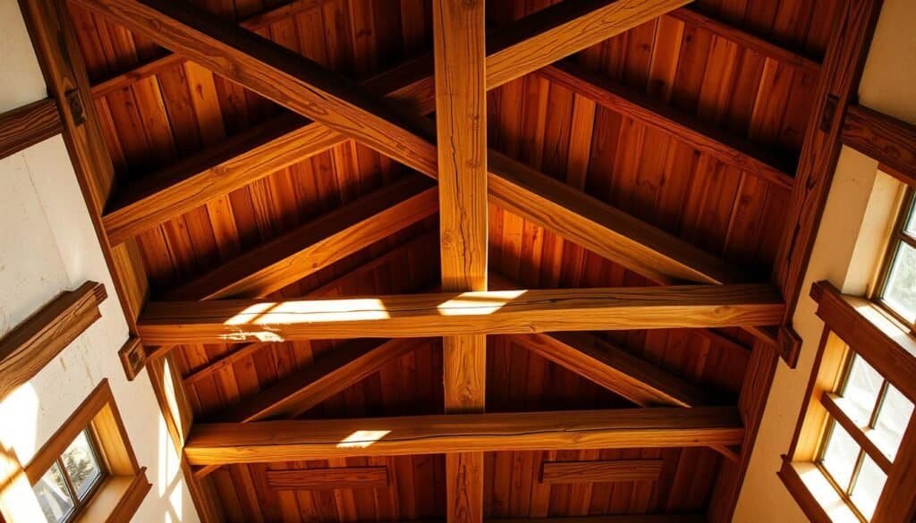 A sun-dappled wooden beam ceiling, its rustic charms illuminated by warm, natural lighting. Weathered, textured beams criss-cross overhead, casting intricate patterns across the space below. The wood's rich, golden hues lend a sense of timeless elegance, evoking a cozy, nostalgic ambiance. The scene is captured through a wide-angle lens, highlighting the scale and grandeur of the architectural details. Shadows play across the uneven surfaces, adding depth and dimension to the image. This image exudes a sense of wonder and admiration for the craftsmanship and beauty of this rustic, yet refined, wooden beam ceiling.