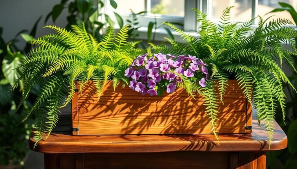 A sun-dappled wooden planter box sits atop a weathered oak table, surrounded by a lush arrangement of verdant foliage. Delicate ferns cascade over the edges, their fronds gently swaying in the soft breeze. In the center, vibrant purple and pink flowering plants add pops of color, their petals catching the warm glow of the natural lighting. The scene conveys a sense of tranquility and mindful curation, inviting the viewer to imagine tending to this peaceful indoor oasis. A 50mm lens captures the scene in a soft, realistic style, emphasizing the natural textures and harmonious composition.