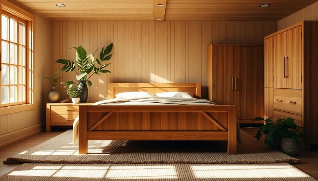 A sun-drenched bedroom with warm, natural wood tones. A solid oak bedframe takes center stage, its rich honey hue glowing softly. Matching nightstands flank the bed, their clean, minimalist design accentuating the wood's intricate grains. A large, wooden dresser stands tall, its drawers neatly arranged. Soft, ambient lighting casts a cozy glow, enhancing the room's tranquil atmosphere. A plush, neutral-toned rug grounds the space, its textures complementing the wooden elements. Lush, green plants add pops of life, creating a serene, nature-inspired sanctuary. The overall effect is one of inviting comfort and effortless elegance.