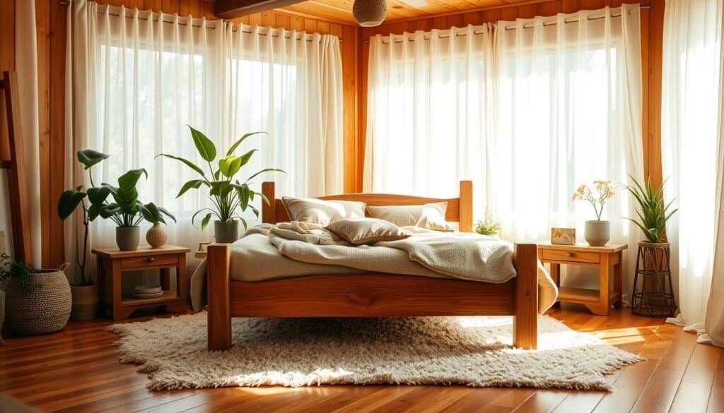 A sun-drenched, cozy bedroom with warm, earthy tones. Soft, natural lighting filters through sheer, billowing curtains, casting a gentle glow. A wooden bed frame, handcrafted with care, is adorned with plush, textured linens in muted hues. Lush, potted plants breathe life into the space, their verdant leaves adding pops of vibrant color. Rustic, wooden nightstands flank the bed, topped with simple, minimalist décor. The hardwood floor is covered by a plush, neutral-toned rug, tying the room together in a harmonious, rejuvenating manner. An atmosphere of tranquility and comfort pervades the scene, inviting relaxation and restoration.