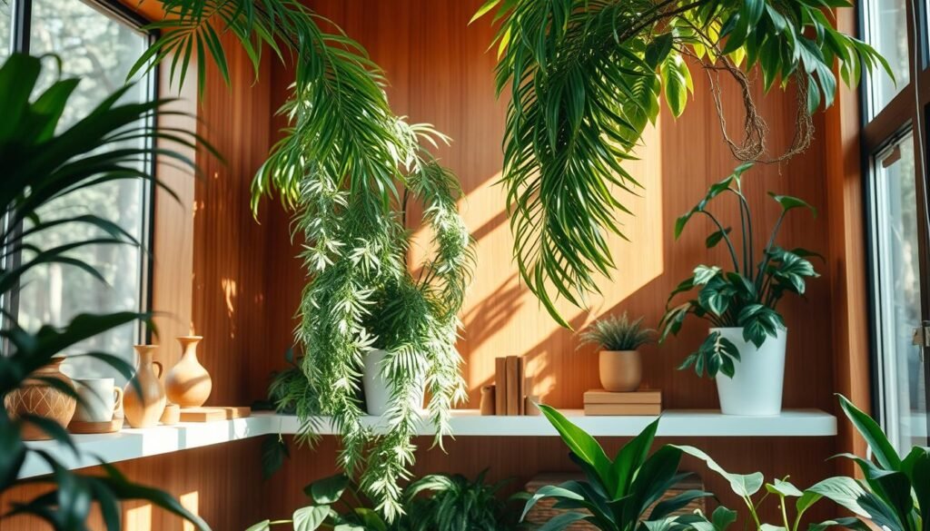 A sun-drenched indoor oasis, where lush potted plants thrive amid a warm wooden backdrop. Graceful leafy fronds cascade over sleek, polished shelves, complemented by artfully arranged wooden trinkets and decorative pieces. Gentle natural light filters through large windows, casting a soft glow on the harmonious scene. The camera angles capture the delicate balance of organic and manmade elements, showcasing the careful curation of this inviting living space.